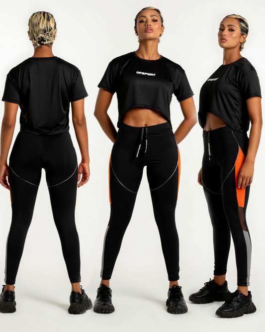 Leggins Negra con Naranjo y Polera Negra