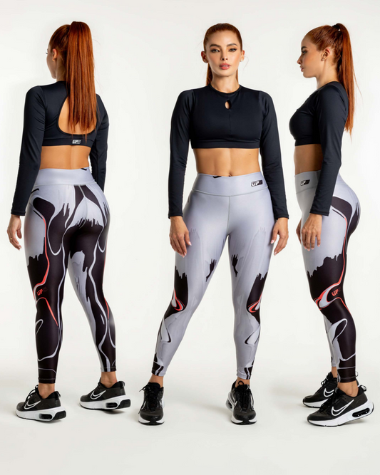 Top Negro manga larga - Leggins gris/negro/naranjo